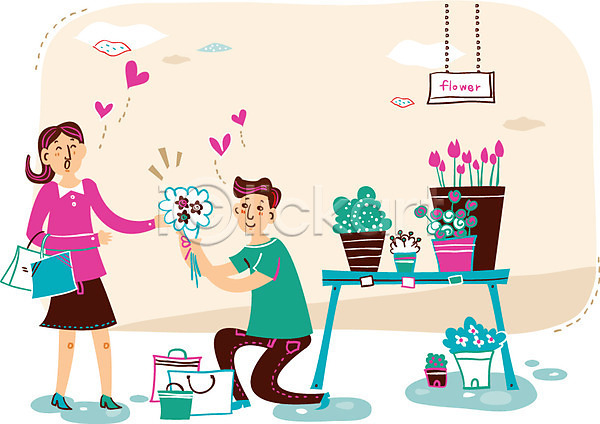 사랑 함께함 행복 남자 두명 성인 여자 AI(파일형식) 일러스트 꽃 꽃다발 꽃집 상점 선물 쇼핑 쇼핑백 커플 화분