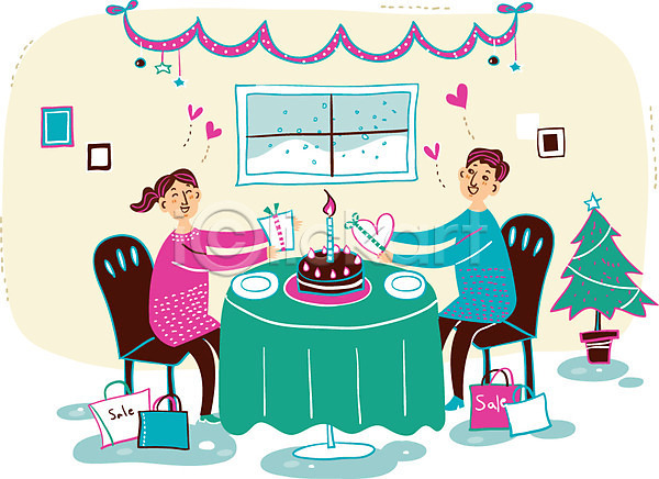 사랑 함께함 행복 남자 두명 성인 여자 AI(파일형식) 일러스트 선물 쇼핑 쇼핑백 식당 의자 접시 창문 촛불 커플 케이크 크리스마스트리 탁자