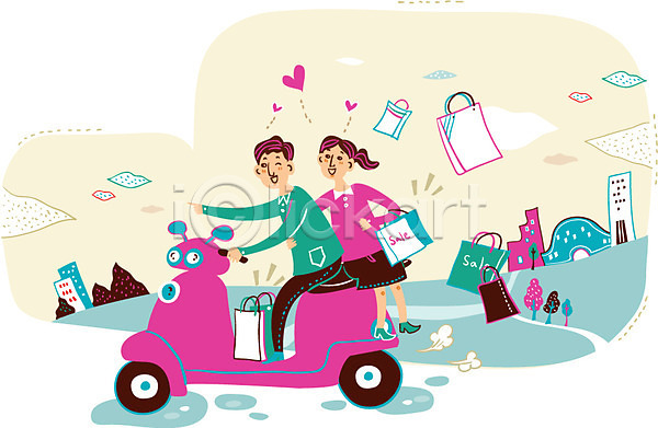 사랑 함께함 행복 남자 두명 성인 여자 AI(파일형식) 일러스트 나무 상점 세일 쇼핑 쇼핑몰 쇼핑백 스쿠터 오토바이 커플
