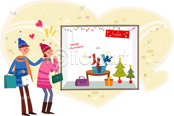 사랑 함께함 행복 남자 두명 성인 여자 AI(파일형식) 일러스트 가방 겨울 선물상자 세일 쇼윈도 쇼핑 쇼핑백 신발 커플 크리스마스 크리스마스트리