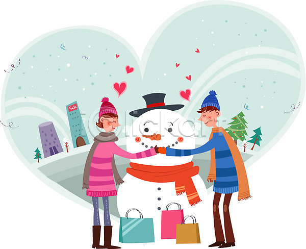 사랑 함께함 행복 남자 두명 성인 여자 AI(파일형식) 일러스트 겨울 눈사람 상점 세일 쇼핑 쇼핑백 커플 크리스마스 크리스마스트리