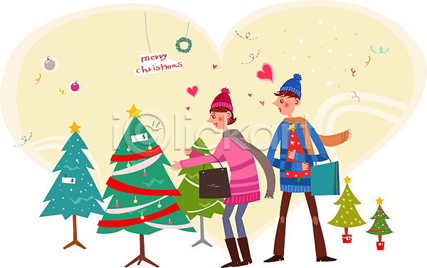 사랑 함께함 행복 남자 두명 성인 여자 AI(파일형식) 일러스트 겨울 쇼핑 쇼핑백 커플 크리스마스 크리스마스트리
