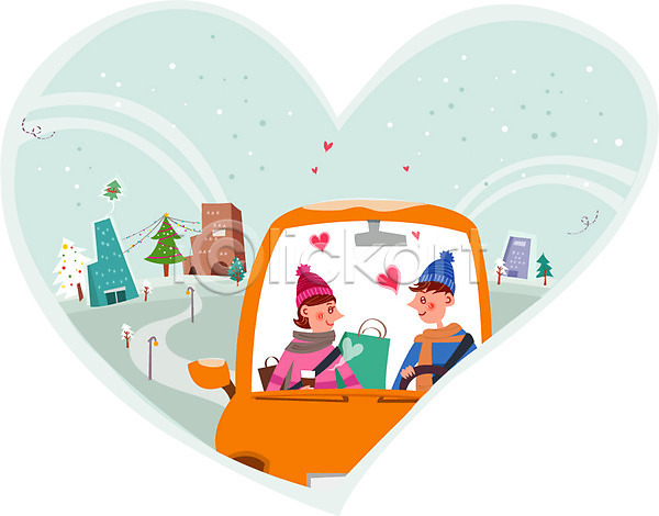 사랑 함께함 행복 남자 두명 성인 여자 AI(파일형식) 일러스트 겨울 눈 상점 쇼핑 쇼핑백 운전 자동차 커플 크리스마스 크리스마스트리