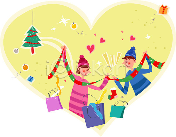 사랑 함께함 행복 남자 두명 성인 여자 AI(파일형식) 일러스트 겨울 선물상자 쇼핑 쇼핑백 커플 크리스마스 크리스마스양말 크리스마스장식 크리스마스트리