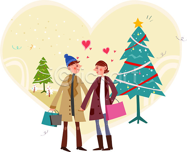 사랑 함께함 행복 남자 두명 성인 여자 AI(파일형식) 일러스트 겨울 손잡기 쇼핑 쇼핑백 커플 크리스마스 크리스마스트리 하트