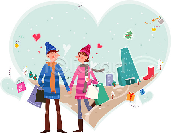 사랑 함께함 행복 남자 두명 성인 여자 AI(파일형식) 일러스트 선물상자 세일 손잡기 쇼핑 쇼핑백 신발 커플