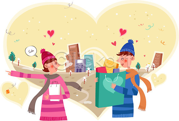 사랑 함께함 행복 남자 두명 성인 여자 AI(파일형식) 일러스트 나무 말풍선 빌딩 세일 쇼핑 쇼핑백 커플