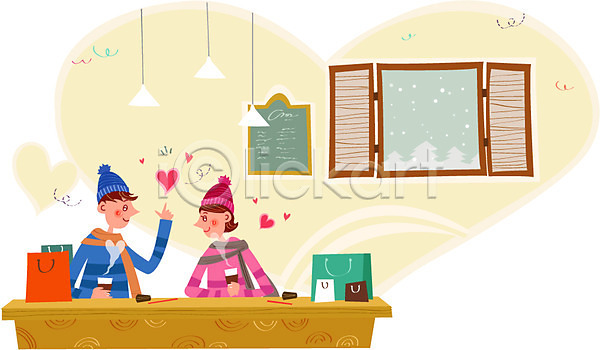 사랑 함께함 행복 휴식 남자 두명 성인 여자 AI(파일형식) 일러스트 눈 쇼핑 쇼핑백 조명 창문 카페 커플 커피