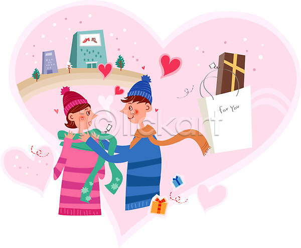 사랑 함께함 행복 남자 두명 성인 여자 AI(파일형식) 일러스트 나무 목도리 상점 선물상자 쇼핑 쇼핑백 커플