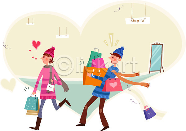 사랑 함께함 행복 남자 두명 성인 여자 AI(파일형식) 일러스트 쇼핑 쇼핑백 전신거울 커플