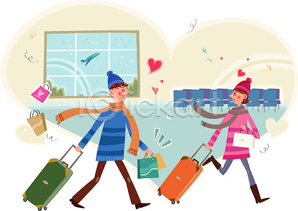 사랑 함께함 행복 남자 두명 성인 여자 AI(파일형식) 일러스트 공항 비행기 쇼핑 쇼핑백 의자 창문 캐리어 커플 해외쇼핑