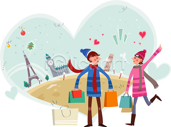 사랑 함께함 행복 남자 두명 성인 여자 AI(파일형식) 일러스트 나무 빅벤 쇼핑 쇼핑백 에펠탑 커플 피사의사탑 해외쇼핑