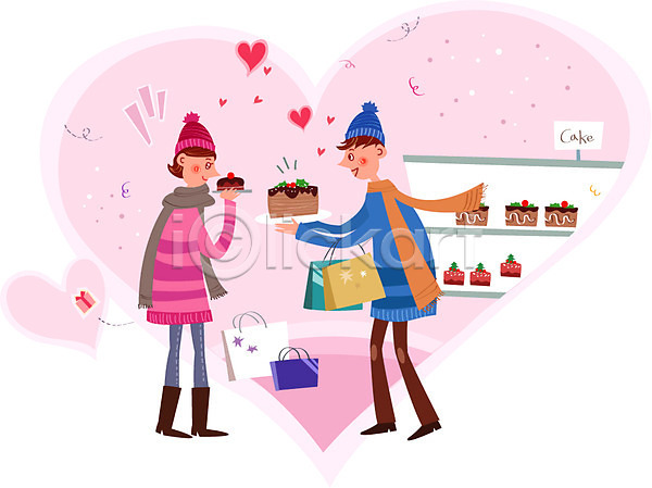 사랑 함께함 행복 남자 두명 성인 여자 AI(파일형식) 일러스트 선물상자 쇼핑 쇼핑백 커플 케이크
