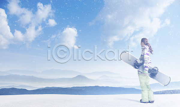 20대 성인 성인여자만 여자 한명 JPG 디지털합성 편집이미지 겨울 겨울산 구름(자연) 눈 디지털아트 산 스노보드복 스노우보드 스키장 야외 주간 하늘