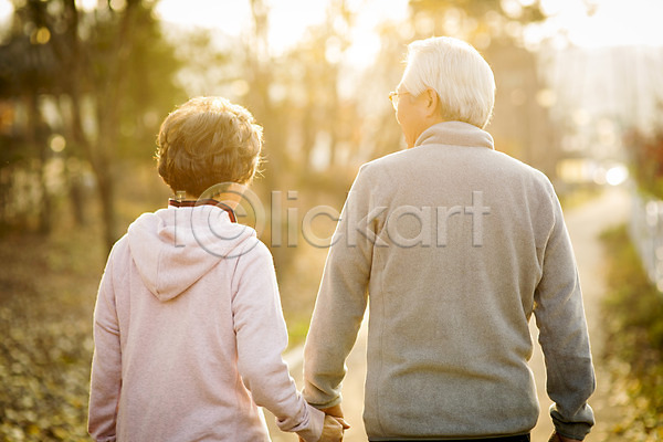 다정 산책 60대 남자 노년 노인만 두명 여자 한국인 JPG 뒷모습 포토 공원 노부부 서기 손잡기 실버라이프 야외 주간 할머니 할아버지 햇빛