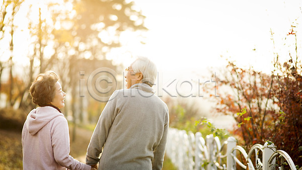 다정 산책 60대 남자 노년 노인만 두명 여자 한국인 JPG 뒷모습 포토 공원 노부부 미소(표정) 서기 손잡기 실버라이프 야외 주간 할머니 할아버지 햇빛