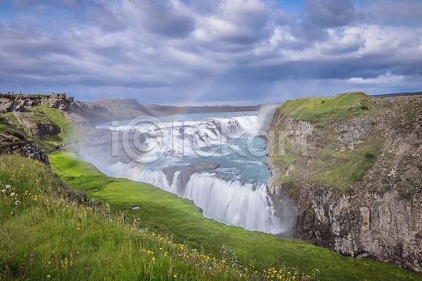 사람없음 JPG 포토 구름(자연) 굴포스폭포 무지개 아이슬란드 야외 유럽 자연 주간 폭포 풍경(경치) 하늘 해외 해외풍경