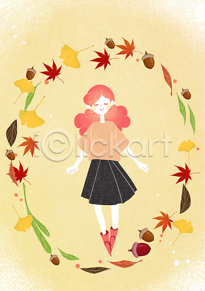 상상 소녀(어린이) 소녀만 소녀한명만 여자 한명 PSD 상상일러스트 일러스트 가을(계절) 나뭇잎 낙엽 단풍 도토리 은행잎