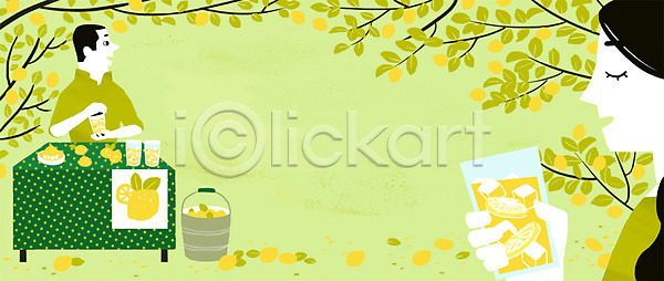 남자 두명 성인 여자 PSD 일러스트 가판대 나뭇가지 레모네이드 레몬 레몬나무 바구니 생활 식물 얼음 음료 자연 잔 판매 판매대