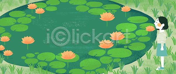 성인 여자 한명 PSD 일러스트 생활 식물 연꽃(꽃) 연못 연잎 자연