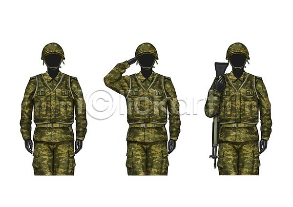 남자 성인 세명 PSD 일러스트 경례 군복 군인 세트 소총 얼굴없음 직업 헬멧