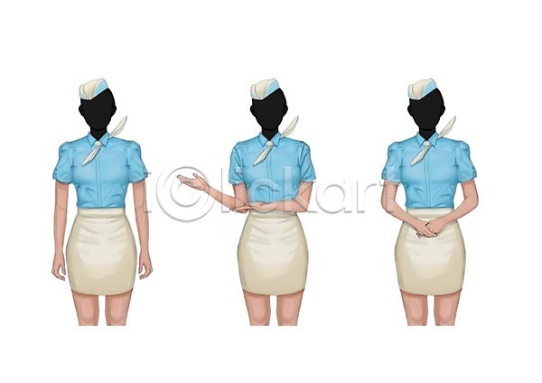 성인 세명 여자 PSD 일러스트 모자(잡화) 세트 셔츠 스카프 승무원 얼굴없음 유니폼 직업 치마