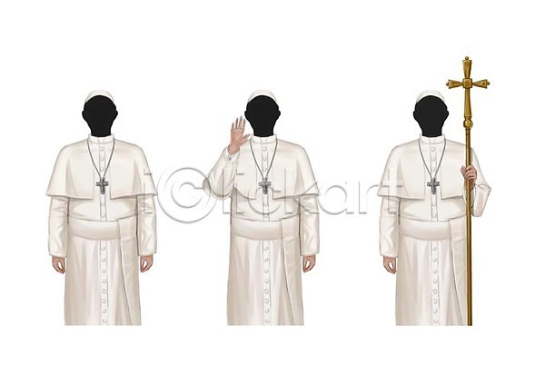 남자 성인 세명 PSD 일러스트 교황 세트 십자가 십자가목걸이 얼굴없음 지팡이 직업