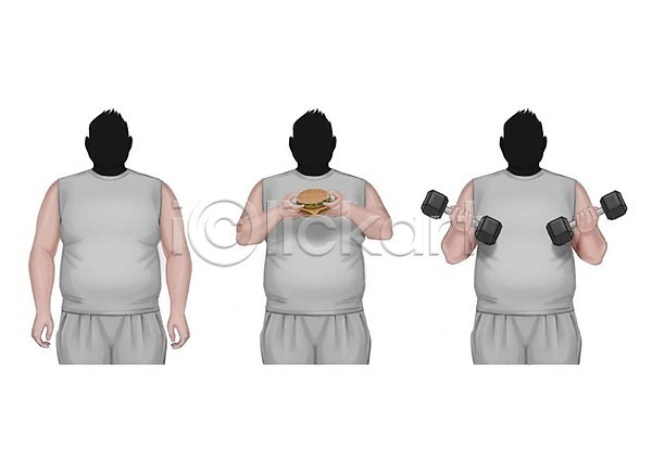 남자 성인 세명 PSD 일러스트 다이어트 비만 세트 아령 얼굴없음 운동 음식 직업 햄버거