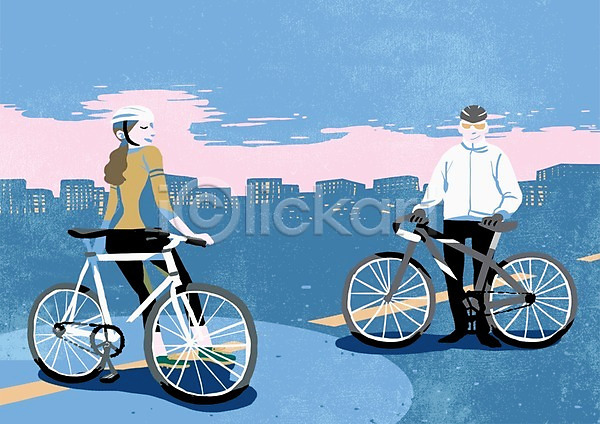 여유 즐거움 행복 남자 두명 성인 여자 PSD 일러스트 도로 도시 동호회 빌딩 자전거 취미 헬멧