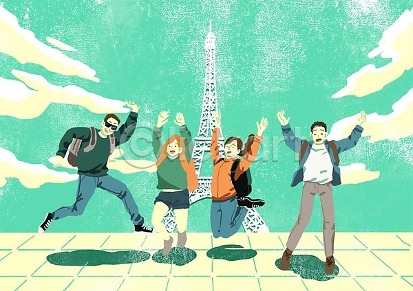 여유 즐거움 행복 남자 성인 여러명 여자 PSD 일러스트 가방 구름(자연) 동호회 에펠탑 여행 점프 취미