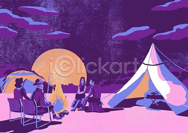 여유 즐거움 행복 남자 성인 여러명 여자 PSD 일러스트 동호회 모닥불 야간 야외 취미 캠핑 텐트