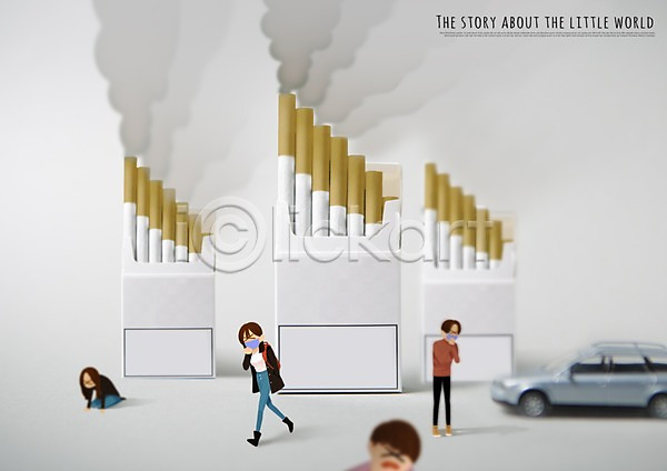 대기오염 환경오염 남자 성인 여러명 여자 PSD 일러스트 담배 마스크 미니어처 소인국 연기 오염 자동차 편집
