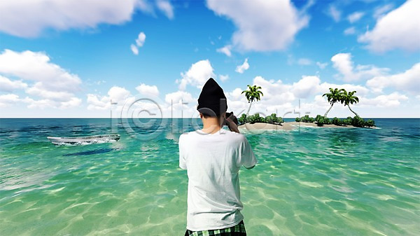 남자 성인 한명 PSD 뒷모습 디지털합성 편집이미지 구름(자연) 나룻배 들기 바다 반팔티셔츠 비니 사진촬영 상반신 서기 섬 야자수 여행 자연 카메라 풍경(경치) 하늘 합성