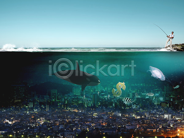 상상 남자 서양인 성인 한명 JPG 디지털합성 편집이미지 고래 꿈 낚시 낚싯대 달러 도시 디지털아트 바다 수중 어류 하늘 합성 해파리