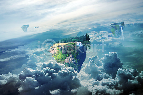 상상 사람없음 JPG 디지털합성 편집이미지 구름(자연) 꿈 나무 디지털아트 섬 폭포 하늘 합성