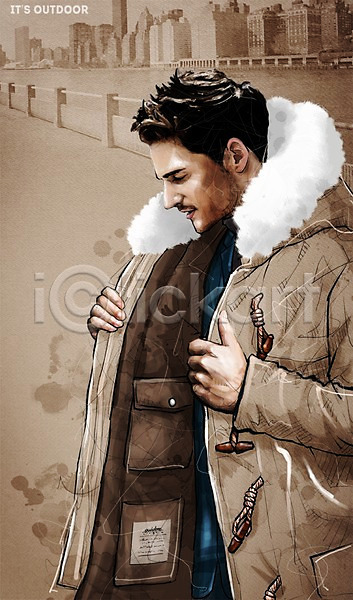 남자 성인 한명 PSD 일러스트 겨울 겨울옷 도시 빌딩 아웃도어 여행 패션