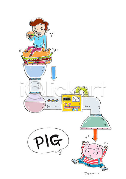 남자 성인 한명 AI(파일형식) 일러스트 기계 돼지 말풍선 음식 파이프(관) 햄버거 화살표