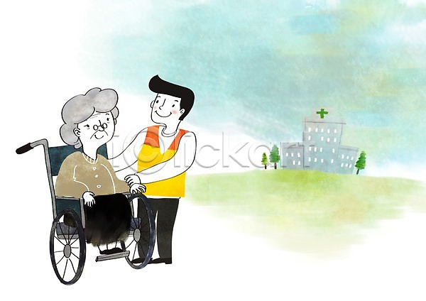 봉사 희망 남자 노년 두명 성인 여자 PSD 일러스트 나눔 나무 병원 할머니 휠체어