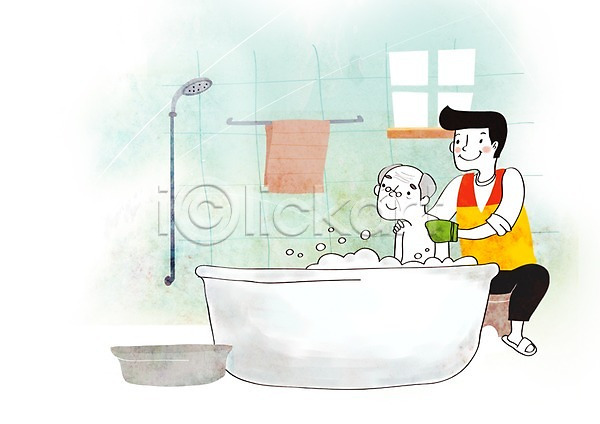 봉사 희망 남자 노년 두명 성인 PSD 일러스트 거품 나눔 목욕 목욕타월 샤워기 수건 욕조 창문 할아버지