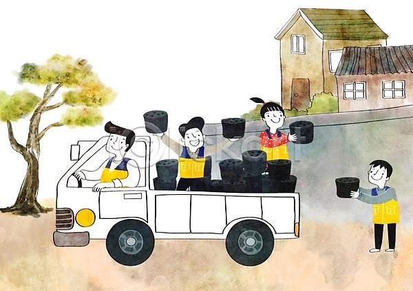 봉사 희망 남자 성인 어린이 여러명 여자 PSD 일러스트 나눔 나무 연탄 연탄배달 연탄배달부 주택 트럭