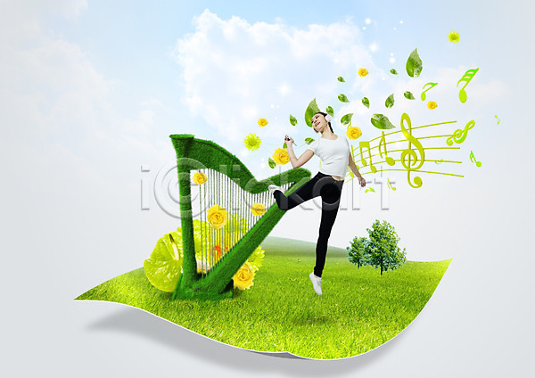 20대 성인 여자 한국인 한명 PSD 편집이미지 꽃 나뭇잎 악기 오선지 음악감상 음표 잔디 종이 춤 하프