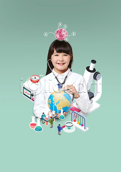 여자 일본인 초등학생 한명 PSD 앞모습 편집이미지 과학자 돋보기 미소(표정) 상반신 시험관 실험기구 지구 청진기 초등교육 플라스크 현미경