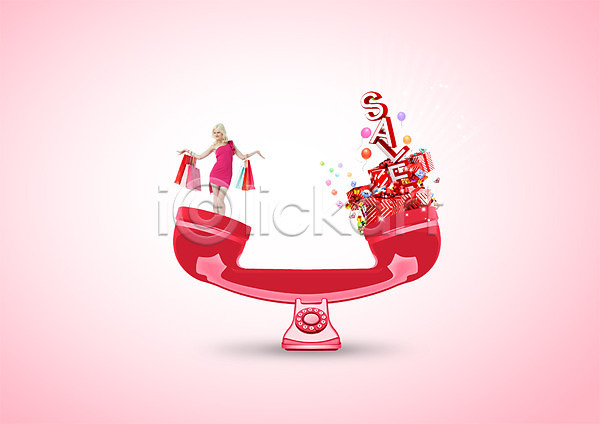 20대 백인 성인 여자 한명 PSD 편집이미지 들기 분홍색 선물상자 세일 쇼핑 쇼핑백 수화기 쌓기 영어 유선전화기 풍선