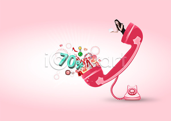 20대 백인 성인 여자 한명 PSD 편집이미지 70% 귀걸이 들기 목걸이 분홍색 선물상자 쇼핑 수화기 외침 유선전화기 퍼센트 풍선 하이힐