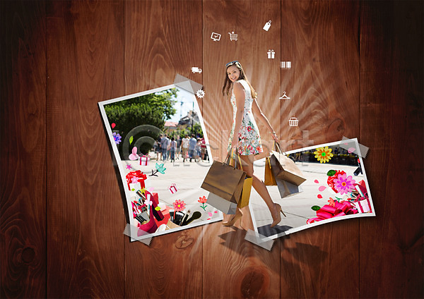 20대 군중 서양인 성인 여자 한명 PSD 편집이미지 거리 걷기 기념사진 꽃 들기 목재 붓 선물상자 쇼핑 쇼핑백 전신 테이프