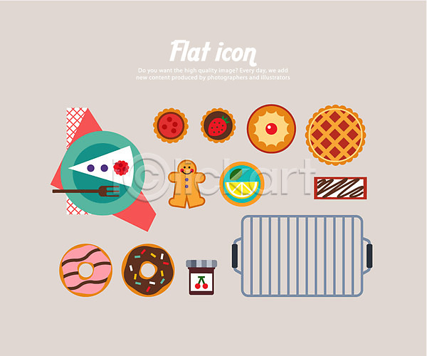 사람없음 AI(파일형식) 아이콘 플랫아이콘 도넛 디저트 빵 세트 음식 잼 접시 제빵도구 조각케이크 쿠키 파이(빵) 포크