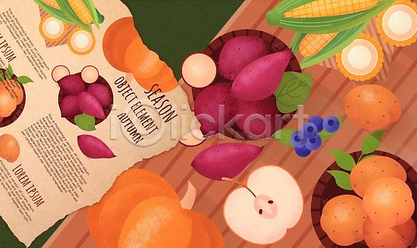 사람없음 PSD 일러스트 가을(계절) 감자 계절 고구마 과일 목업 배 블루베리 엘리먼트 오브젝트 옥수수 종이 채소 플랫레이 호박