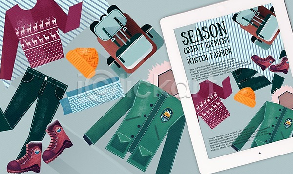 사람없음 PSD 일러스트 가방 겨울 계절 목도리 목업 바지 스웨터 신발 엘리먼트 오브젝트 태블릿 털모자 털점퍼 패션 플랫레이