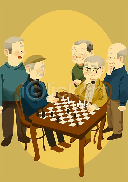 즐거움 집중 함께함 남자 노년 노인남자만 여러명 PSD 일러스트 실버라이프 의자 체스 체스게임 체스말 체스판 취미 탁자