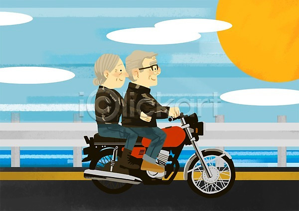 새로움 즐거움 함께함 남자 노년 두명 여자 PSD 일러스트 구름(자연) 노부부 도로 드라이브 실버라이프 오토바이 태양